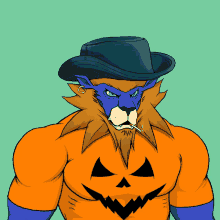 a cartoon drawing of a lion wearing a pumpkin costume