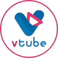 a pink and blue logo for vtube with a heart in the center