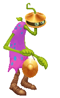 a purple and green cartoon character holding a gong