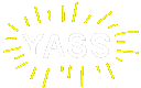 the word yass is written in yellow on a white background with yellow rays .