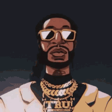 a cartoon of a man with a beard wearing sunglasses and a gold chain .