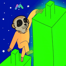 a cartoon of a meerkat sitting on top of a green block