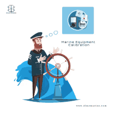 an illustration of a man holding a steering wheel with the words marine equipment calibration