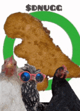 three chickens wearing sunglasses are standing next to a chicken nugget that says $ dnugg