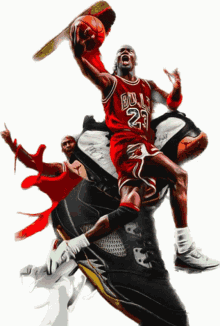 a basketball player wearing a bulls jersey jumps in the air