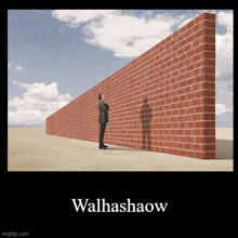 a man in a suit is standing in front of a brick wall and his shadow is cast on the wall