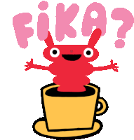 a cartoon illustration of a red monster in a cup with the word fika above it