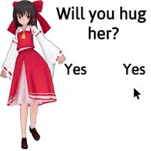 a girl in a red dress is standing next to a mouse and asking if you will hug her .