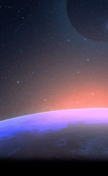 a sunset over a blue planet with a purple sky