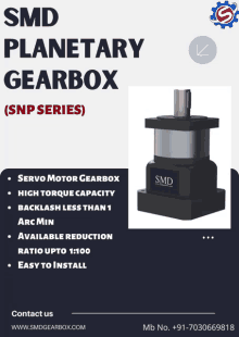 an advertisement for smd planetary gearbox shows a picture of a gearbox