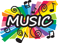 the word music is on a colorful background with musical notes