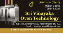 an advertisement for sri vinayaka oven technology bakery equipments sales & service