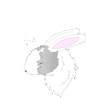 a drawing of a rabbit with a pink ear on a white background