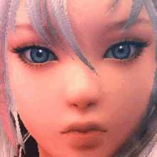 a close up of a girl 's face with blue eyes and white hair