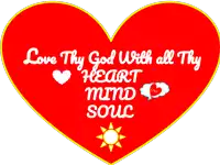 a red heart with the words love thy god with all thy heart mind soul written on it