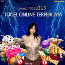 an advertisement for maintogel365 shows a woman surrounded by bingo balls and dice