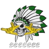 a drawing of a skull wearing a green and white headdress with the word eeeee below it