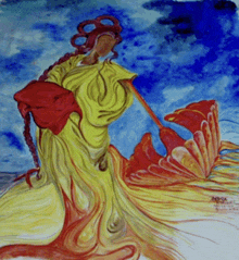 a painting of a woman holding a red umbrella