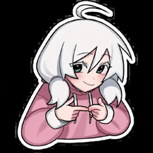 a cartoon girl with white hair is wearing a pink hoodie and making a funny face .