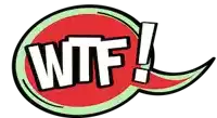 a red and green speech bubble with the word wtf