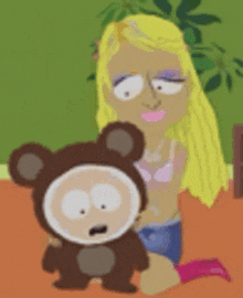 a cartoon girl is sitting next to a teddy bear wearing a monkey costume .