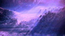 a painting of a mountain range with purple clouds and trees in the foreground .