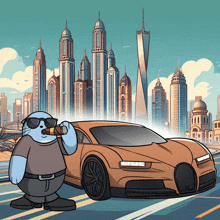 a cartoon of a man smoking a cigar next to a car with a city in the background