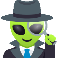 a green alien with a hat and tie is holding a magnifying glass