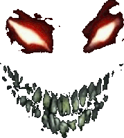 a close up of a monster 's face with red eyes and teeth on a white background .