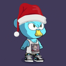 a cartoon duck is wearing a santa hat and a shirt that says mints