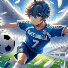 a boy with wings is wearing a blue shirt that says museumbola