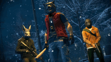 a man in a rabbit mask holds a bat and a man in a wolf mask holds a rifle