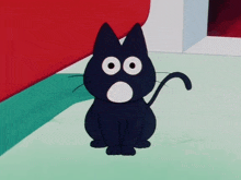 a black cat with white eyes is sitting on a green floor