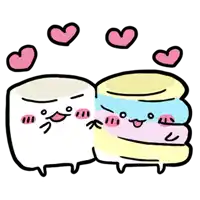 two marshmallows are hugging each other with pink hearts around them