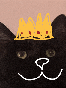 a drawing of a black cat with a yellow crown on its head