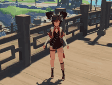 a video game character is standing on a wooden bridge