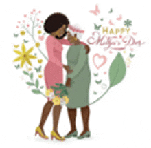 a woman is hugging an older woman with flowers in a heart shaped frame .