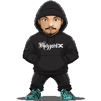 a cartoon of a man wearing a black hoodie that says blazzarod x