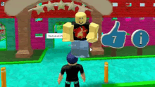 a boy is standing in front of a building in a video game with a thumbs up sign in the background .