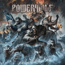 a poster for powerwolf shows a group of wolves chained to a man