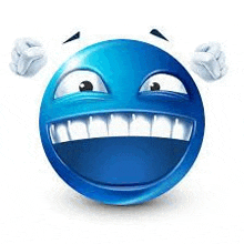 a blue smiley face with a big smile and white teeth is making a funny face .