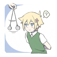 a cartoon of a boy with a flower in his hair and a question mark