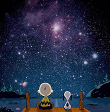 charlie brown and snoopy are sitting on a dock looking at the night sky