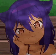 a close up of a cartoon character with purple hair and red eyes