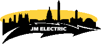 the logo for jm electric shows a city skyline