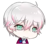 a cartoon character with white hair and green eyes has a sad look on his face