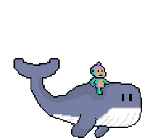 a pixel art of a whale with a person riding on its back