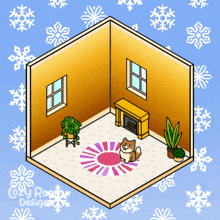 a cartoon drawing of a room with a dog sitting on the rug