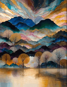 a painting of trees and mountains with a lake in the foreground