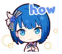 a cartoon girl with blue hair and the word how above her